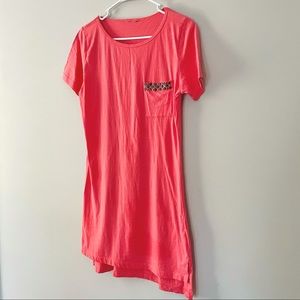 Coral Studded Pocket Cotton Summer T-shirt Dress